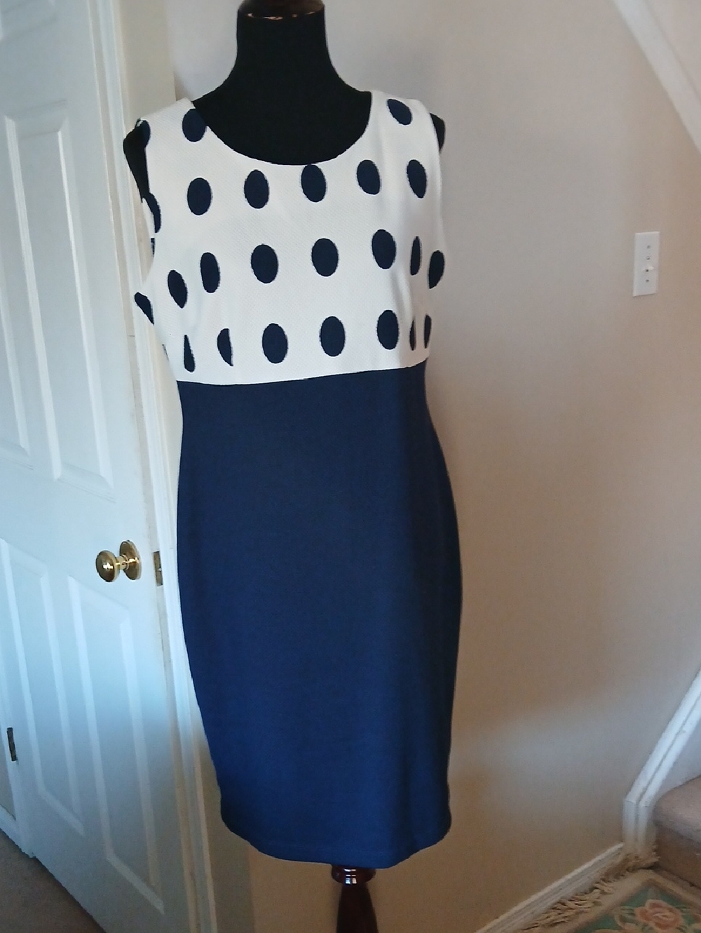 Navy and White Polka Dot Midi Sheath Dress